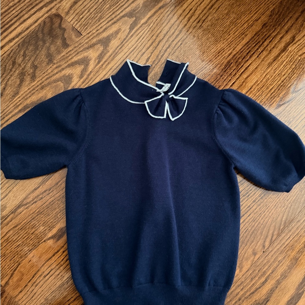 Janie and Jack Navy Knit Top with Cream-Trim Bow